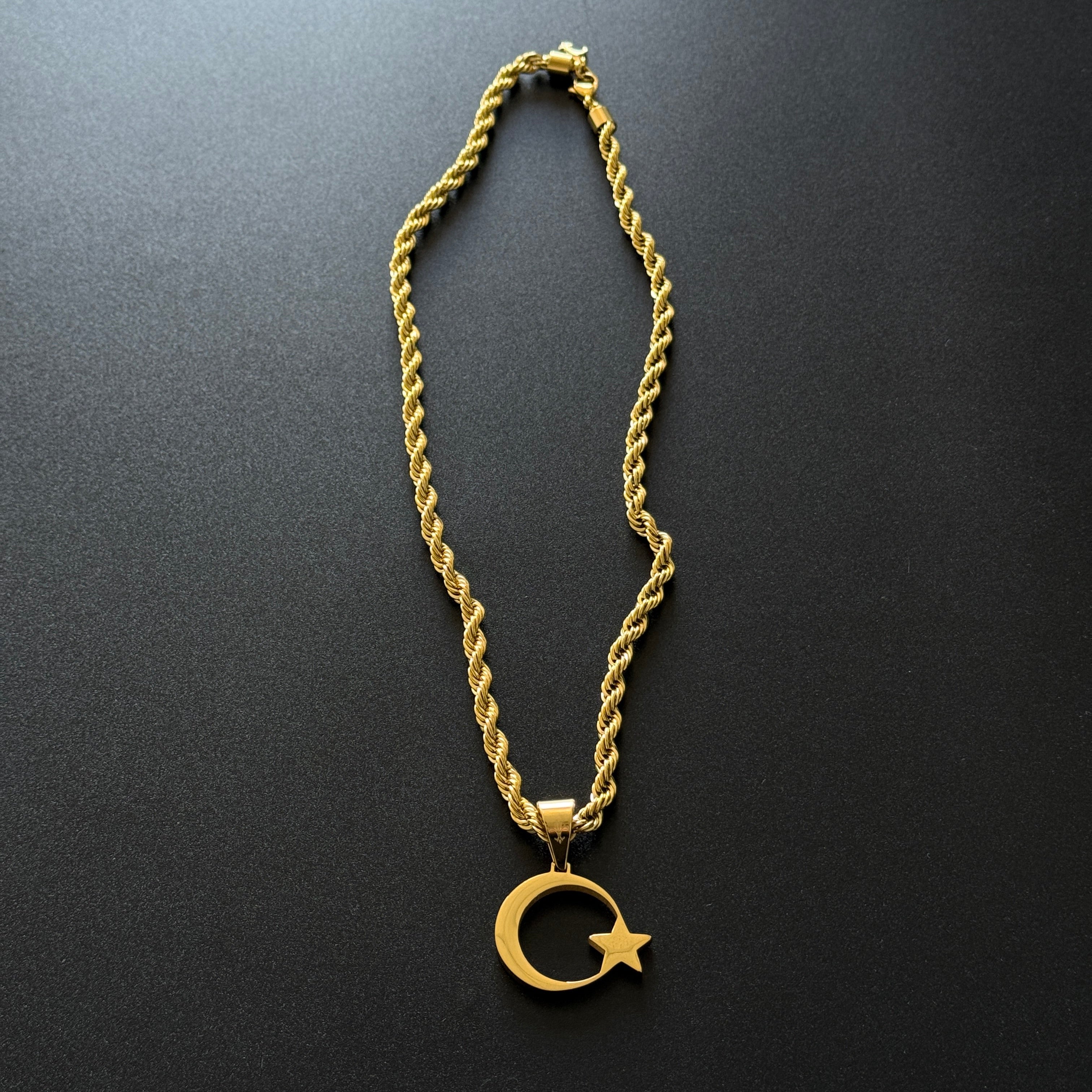 SET - L&T Kordelkette / Rope Chain 6mm breit + Türkiye/Türkei Anhänger aus Edelstahl zusätzlich 18 Karat Goldschicht vergoldet