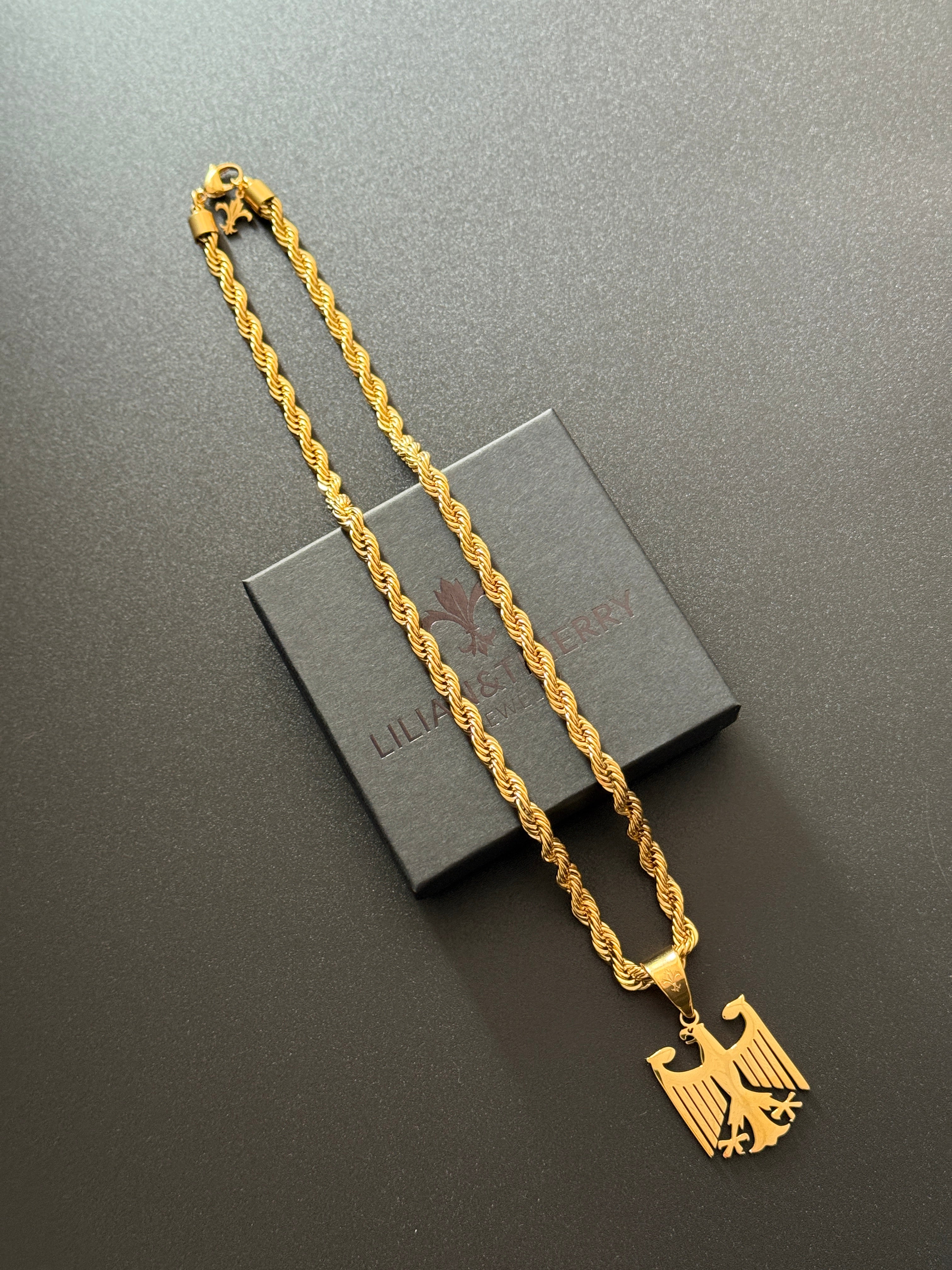 SET - L&T Kordelkette / Rope Chain 6mm breit + Deutschland Adler Anhänger aus Edelstahl zusätzlich 24 Karat Goldschicht vergoldet