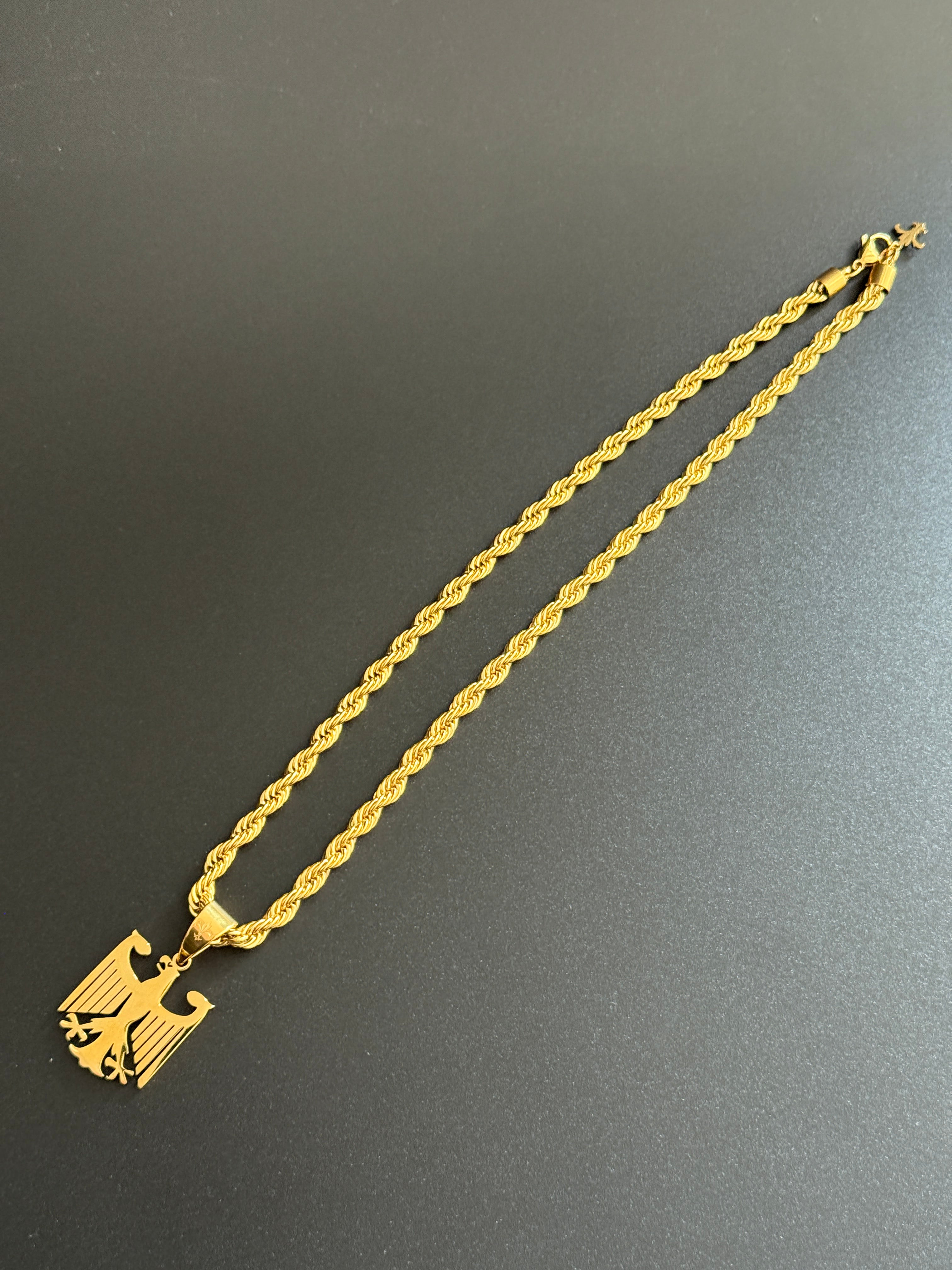 SET - L&T Kordelkette / Rope Chain 6mm breit + Deutschland Adler Anhänger aus Edelstahl zusätzlich 24 Karat Goldschicht vergoldet