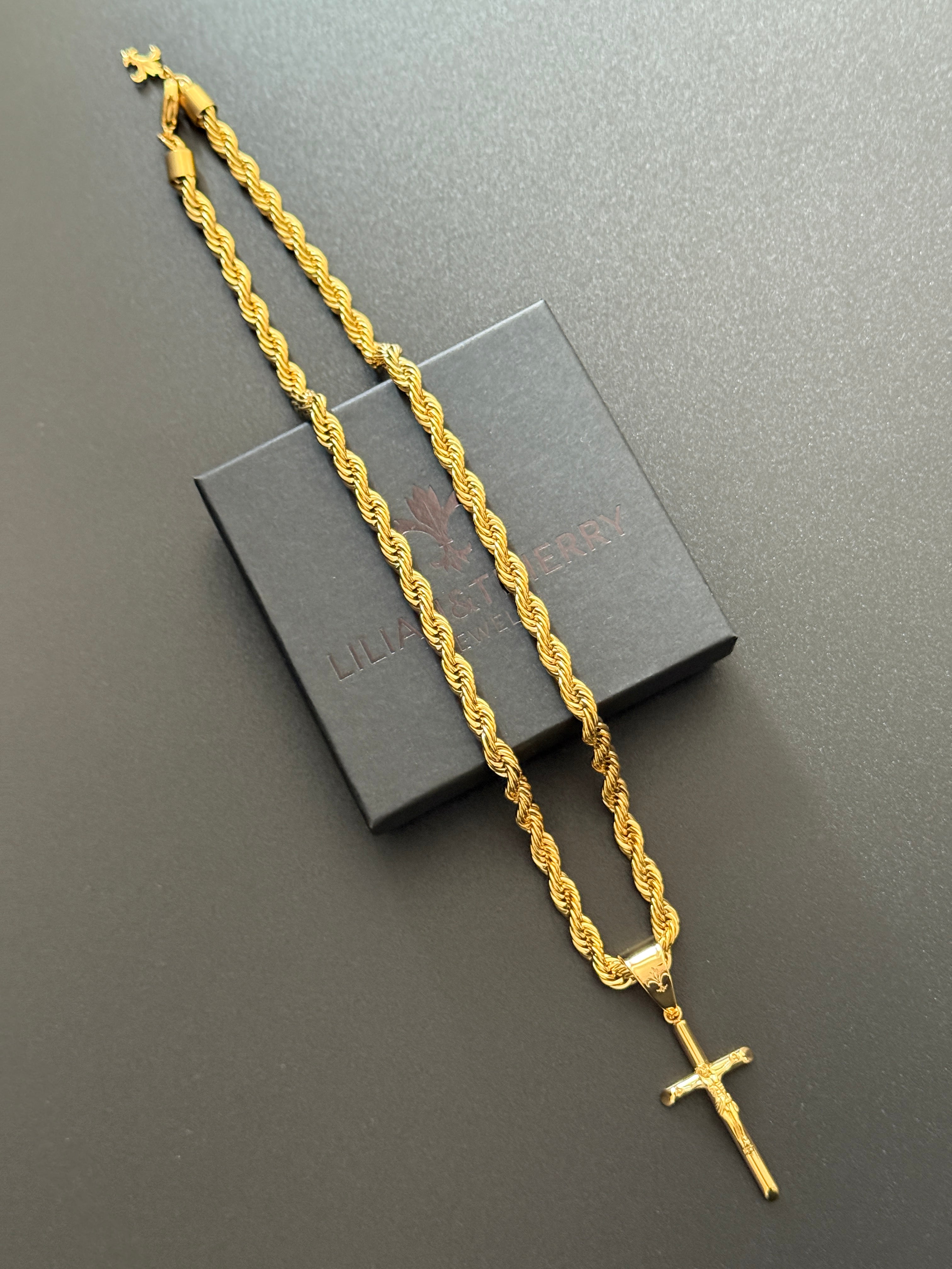 SET - L&T Kordelkette / Rope Chain 6mm breit + Kreuz Anhänger aus Edelstahl zusätzlich 24 Karat Goldschicht vergoldet