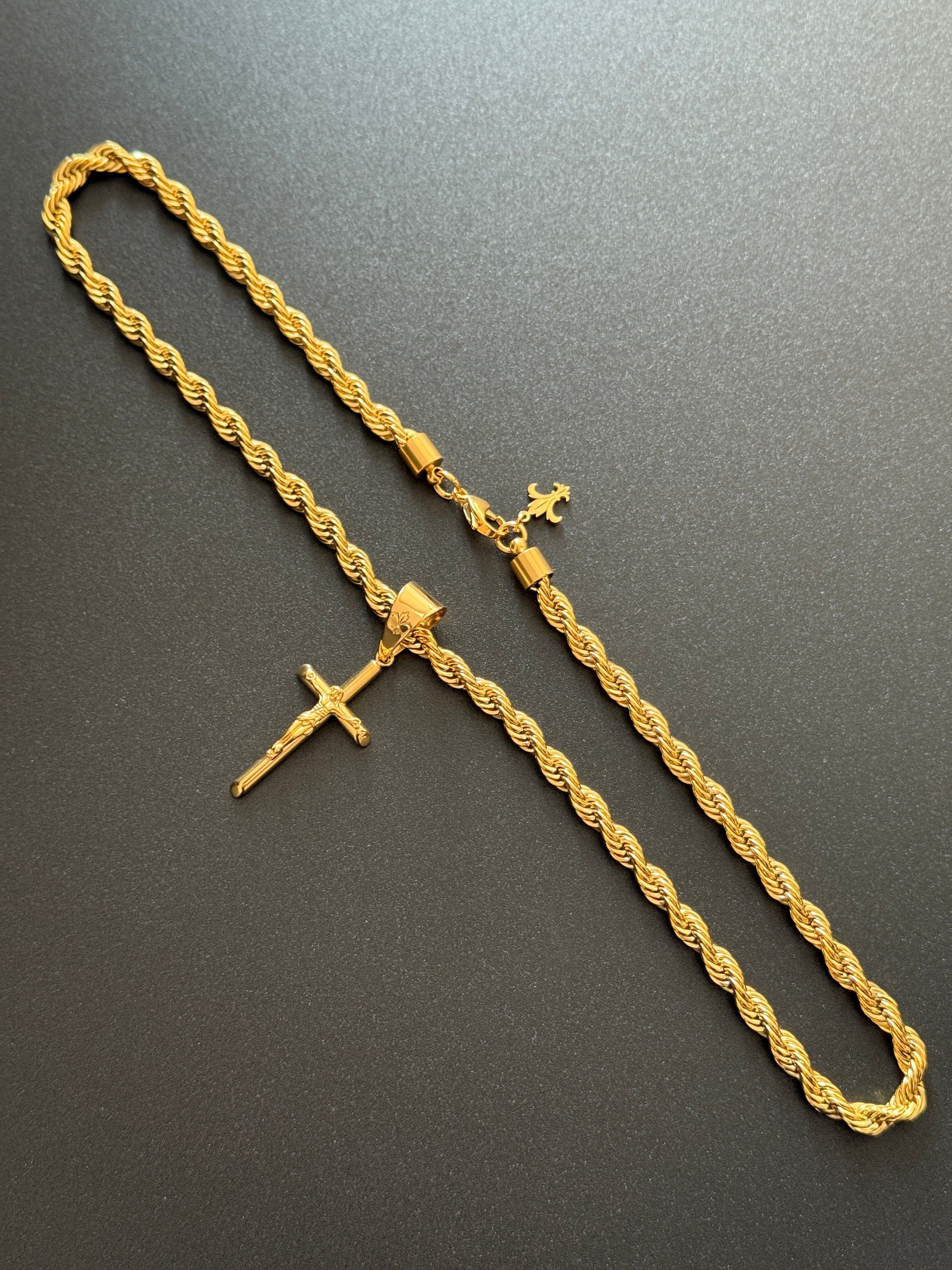 SET - L&T Kordelkette / Rope Chain 6mm breit + Kreuz Anhänger aus Edelstahl zusätzlich 24 Karat Goldschicht vergoldet