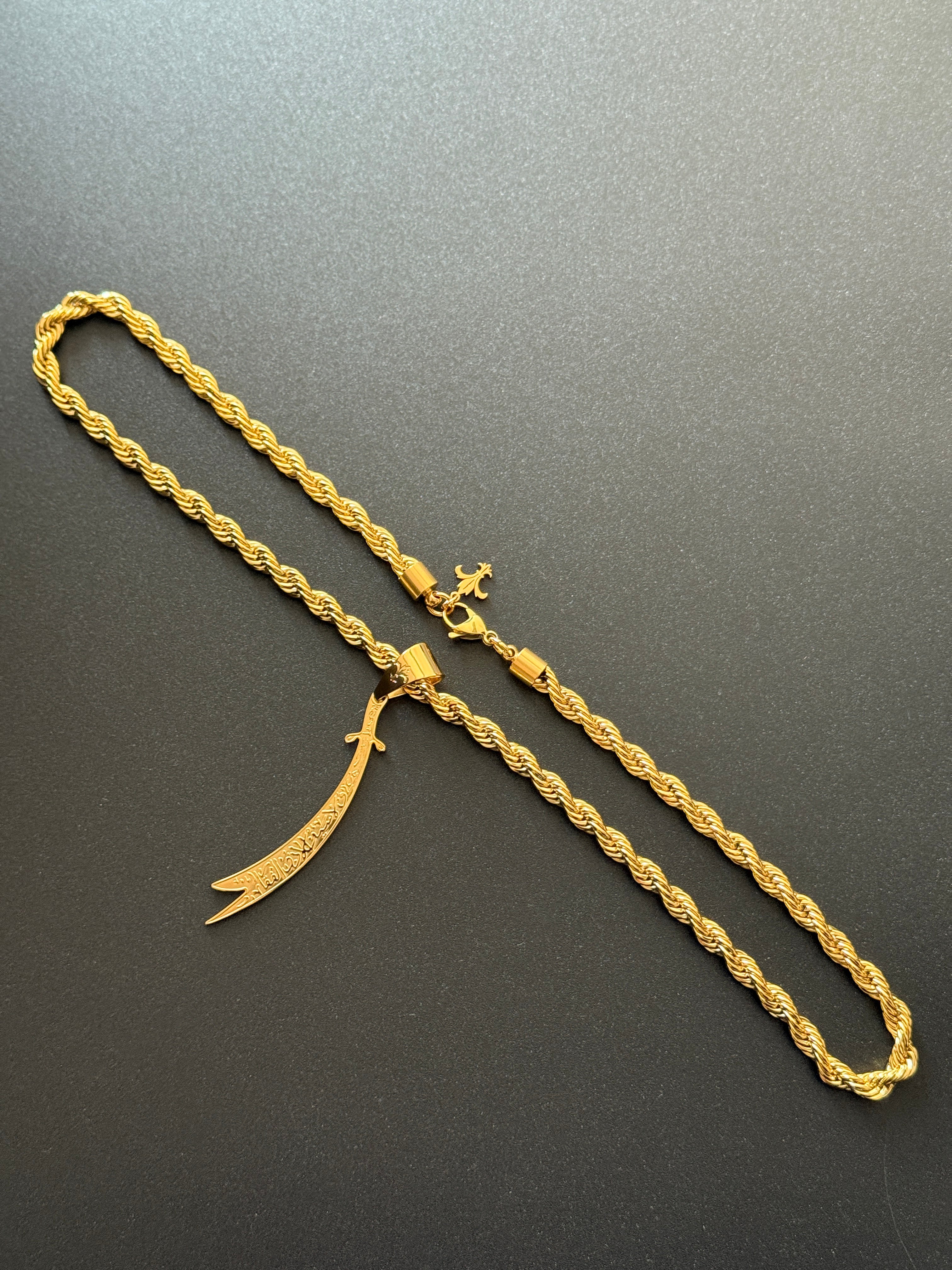 SET - L&T Kordelkette / Rope Chain 6mm breit + Zülfikar Anhänger aus Edelstahl zusätzlich 24 Karat Goldschicht vergoldet