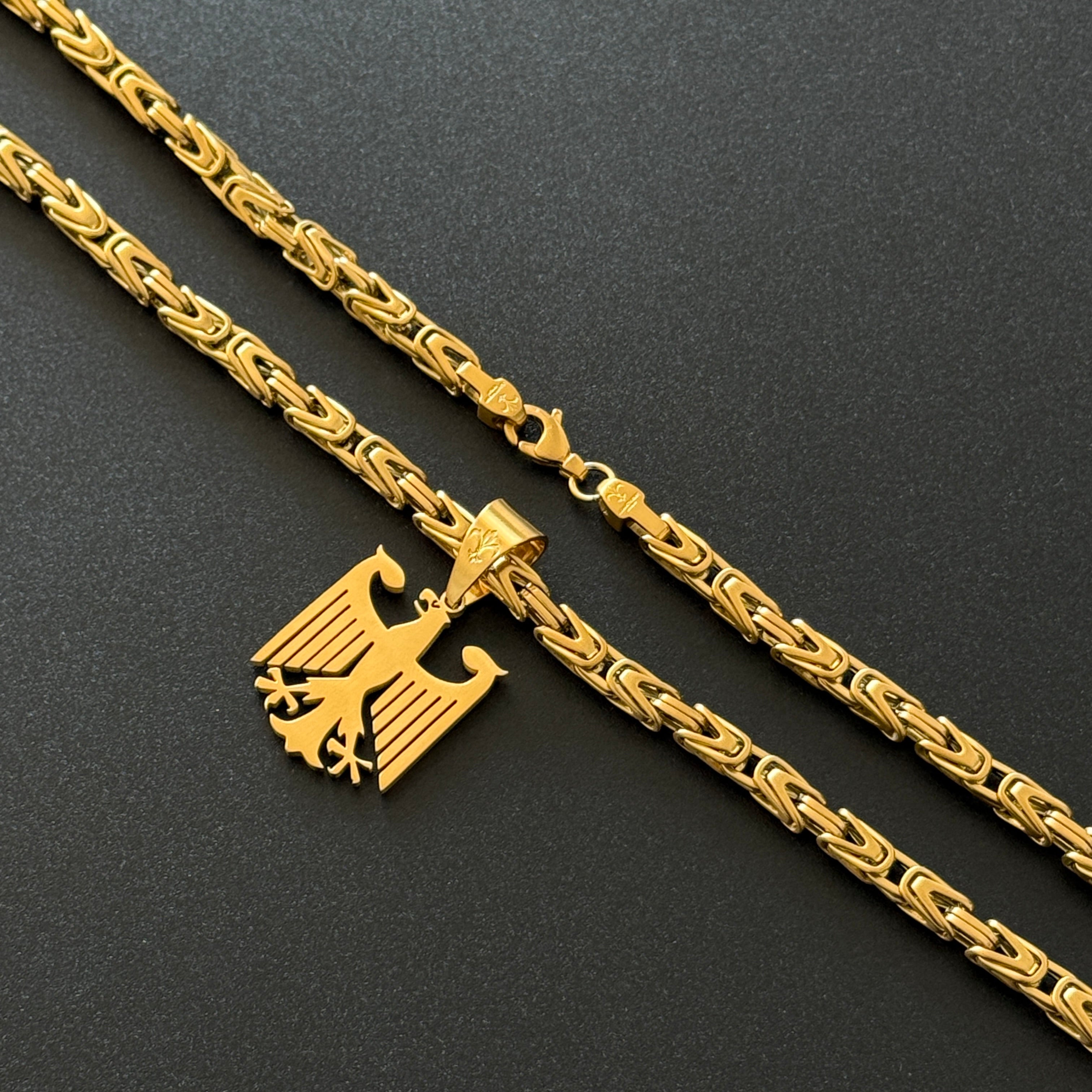 SET - L&T Königskette 5mm breit + Deutschland Adler Anhänger Matt aus Edelstahl zusätzlich 24 Karat Goldschicht vergoldet