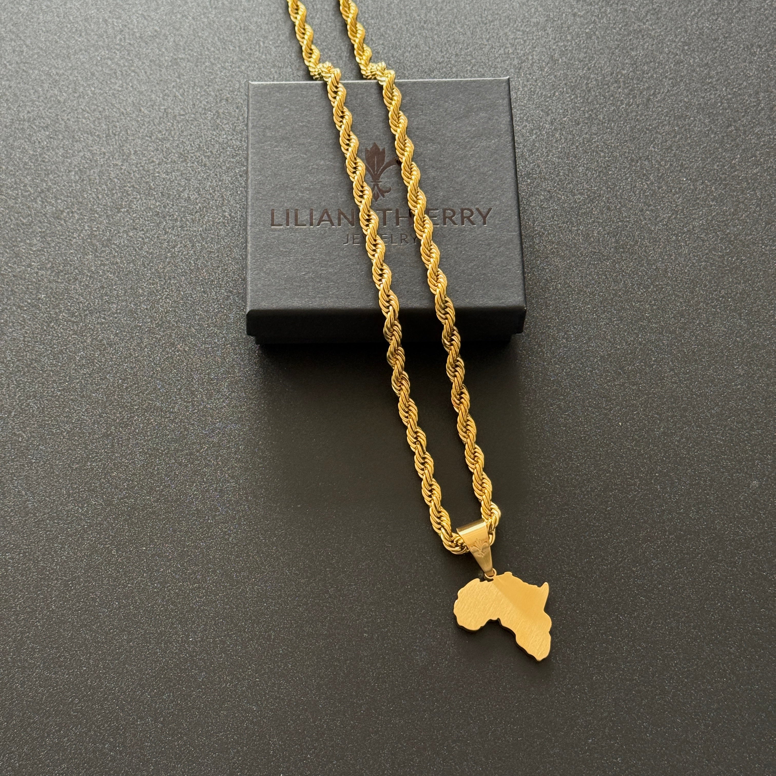 SET - L&T Kordelkette / Rope Chain 6mm breit + Africa Anhänger Matt aus Edelstahl zusätzlich 24 Karat Goldschicht vergoldet