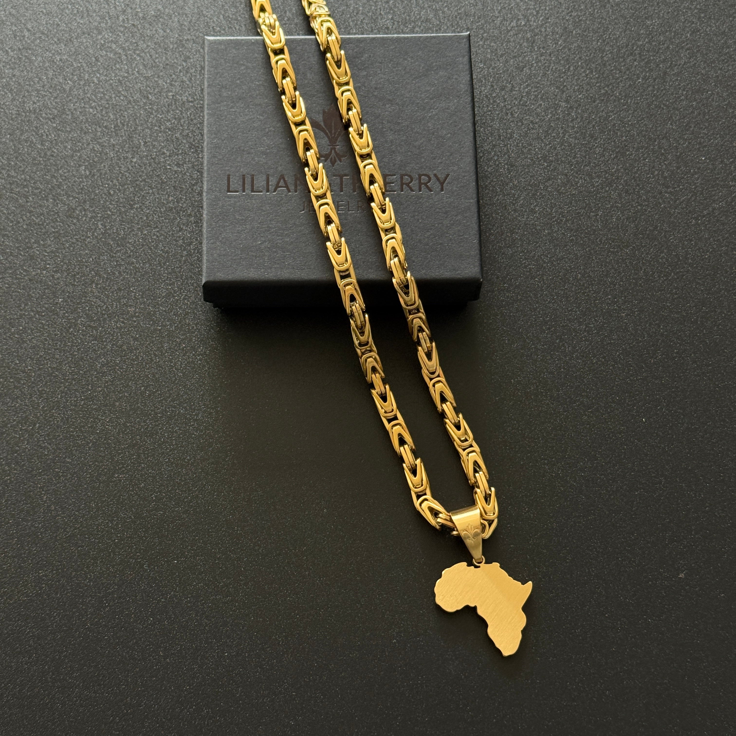 SET - L&T Königskette 5mm breit + Africa Anhänger Matt aus Edelstahl zusätzlich 24 Karat Goldschicht vergoldet