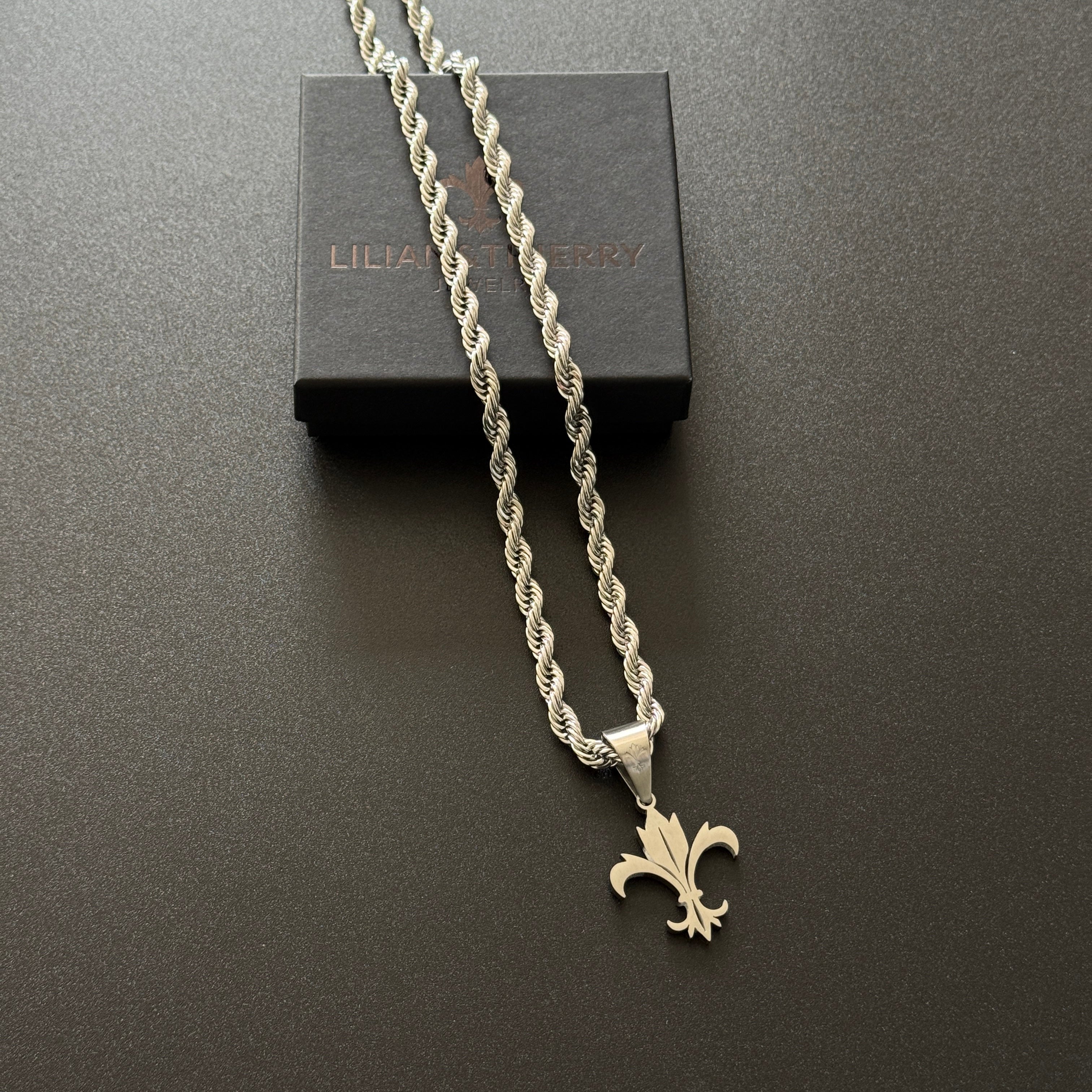 SET - L&T Kordelkette / Rope Chain 6mm breit + Fleur-de-Lis Anhänger Matt aus Edelstahl