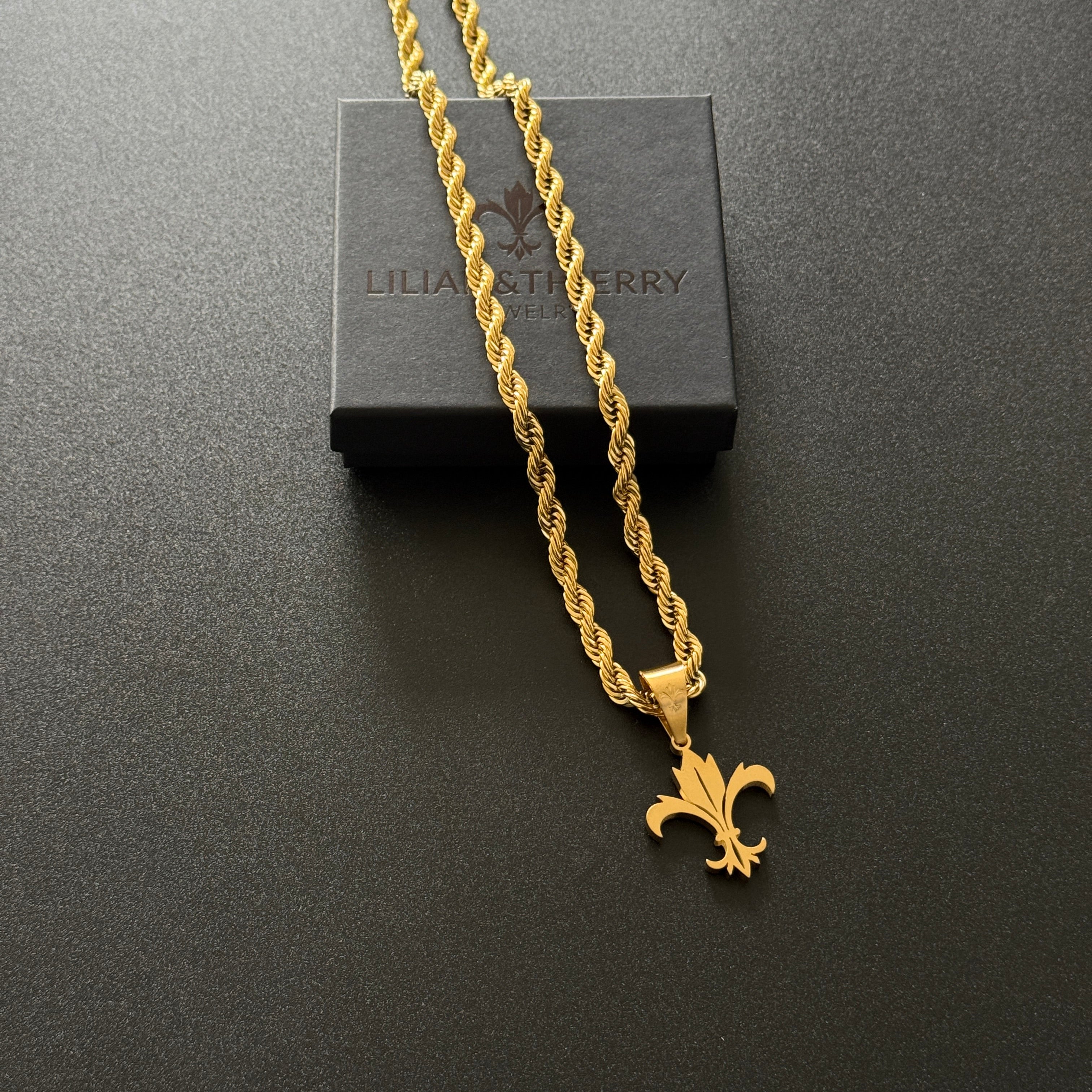 SET - L&T Kordelkette / Rope Chain 6mm breit + Fleur-de-Lis Anhänger Matt aus Edelstahl zusätzlich 24 Karat Goldschicht vergoldet