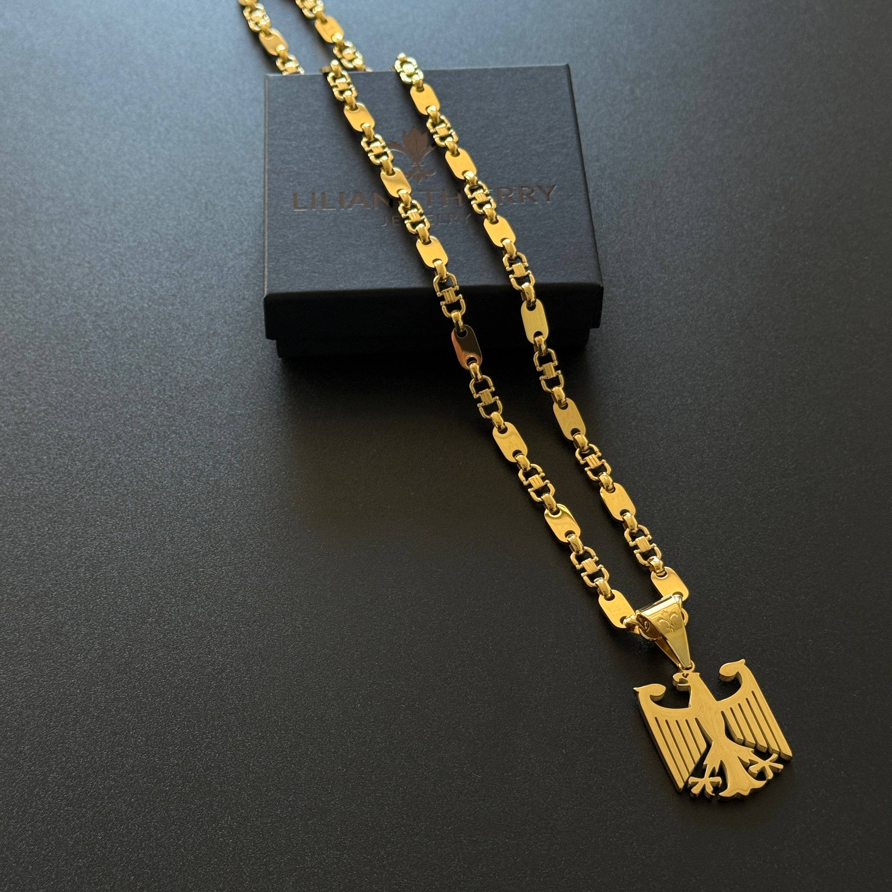 SET - L&T Plattenkette 6mm breit + Deutschland Adler Anhänger aus Edelstahl zusätzlich 18 Karat Goldschicht vergoldet