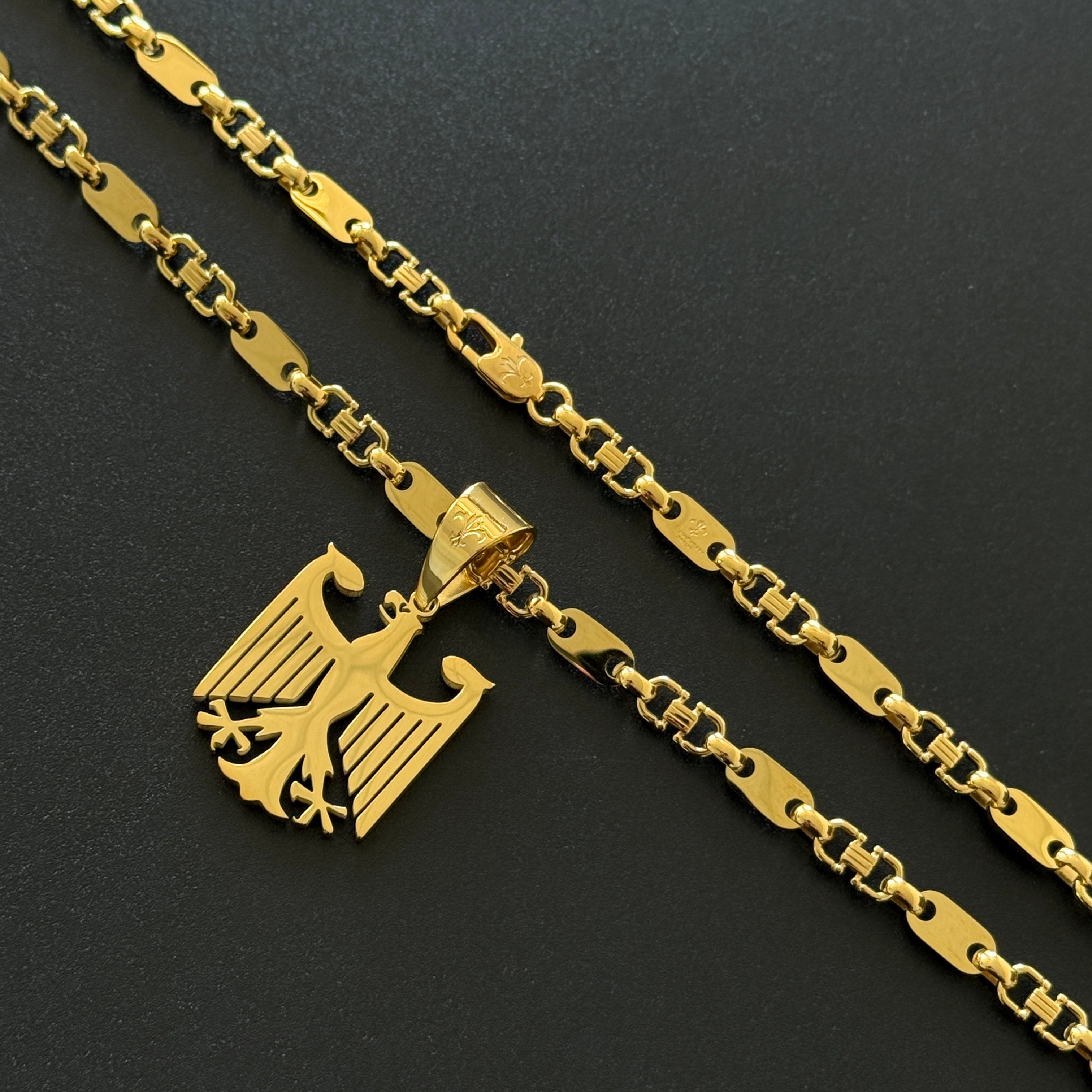 SET - L&T Plattenkette 6mm breit + Deutschland Adler Anhänger aus Edelstahl zusätzlich 18 Karat Goldschicht vergoldet