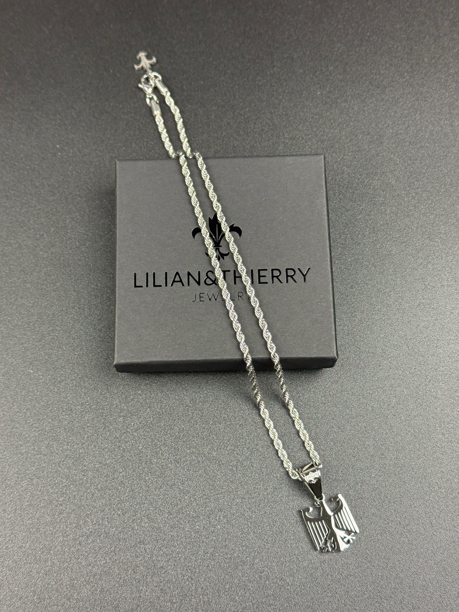 SET - L&T Kordelkette / Rope Chain 3mm breit + Deutschland Adler Anhänger klein aus Edelstahl